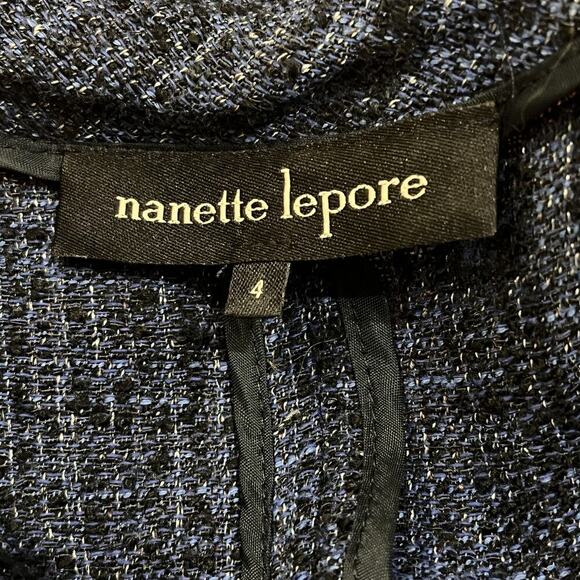 Nanette Lepore Jacket Womens 4 Blue Black Tweed Belted Short Sleeve - Picture 7 of 9